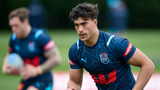 Joseph Suaalii warming up with the NSW Blues at a training camp in the Blue Mountains.