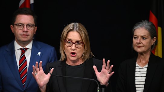 Police Minister Anthony Carbines, Premier Jacinta Allan and Attorney-General Sonya Kilkenny announcing changes to Victoria’s bail laws on March 12.