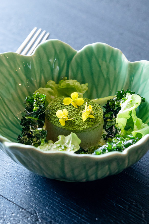 Salmon caviar-stuffed daikon with fried brassicas.