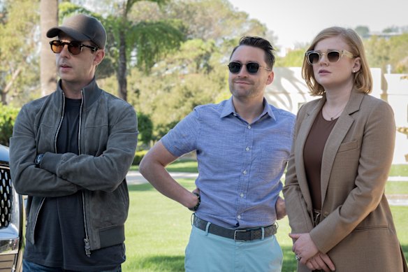Kendall Roy (Jeremy Strong), Roman Roy (Kieran Culkin) and Shiv Roy (Sarah Snook) in Succession.