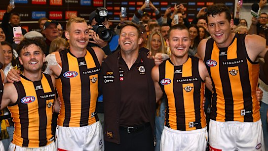 The Hawks in the huddle after a win.