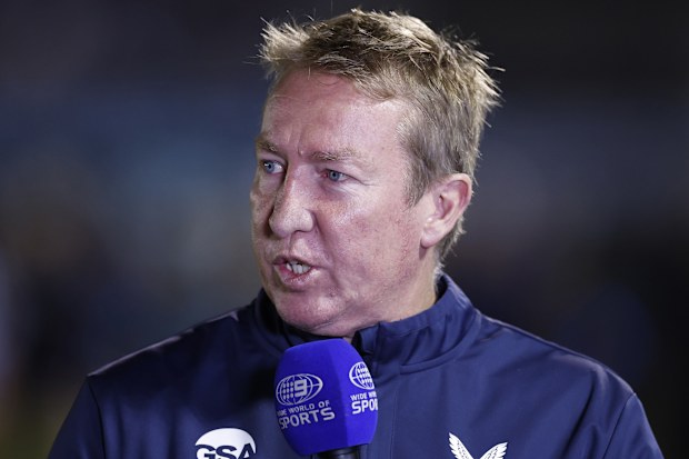 SYDNEY, AUSTRALIA - SEPTEMBER 13: Trent Robinson, head coach of the Roosters is interviewed before the NRL Elimination Final match between the Cronulla Sharks and Sydney Roosters at Sharks Stadium on September 13, 2025, in Sydney, Australia. (Photo by Darrian Traynor/Getty Images)