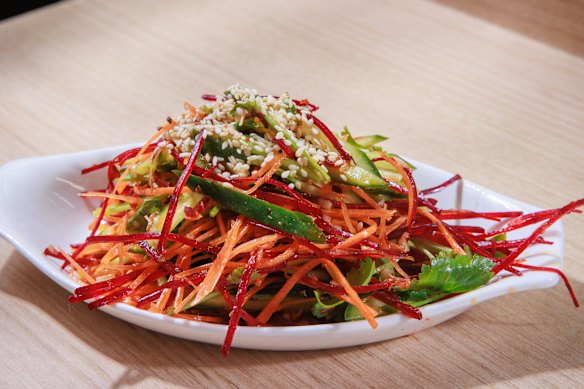 Crunchy carrot, beetroot and cucumber salad.