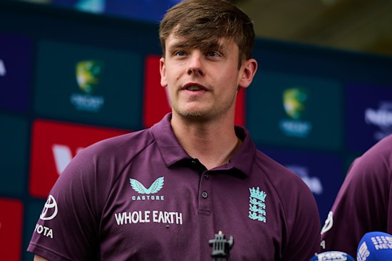 Jamie Smith (left) and Josh Tongue (right) from England take questions during the 2025/26 Ashes launch in Perth.