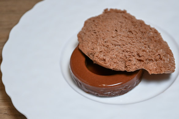 The Valrhona chocolate, sesame and whisky dessert is topped with aerated chocolate ice-cream.