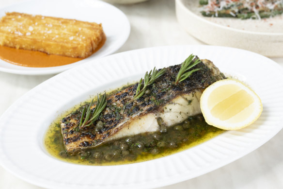 Charcoal barramundi, duck fat potato terrine, cos salad and green beans at Cricca in Windsor.