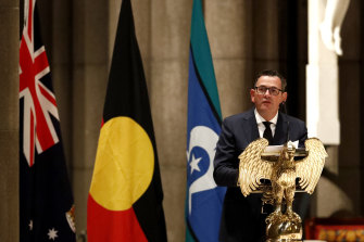 Victorian Premier Daniel Andrews speaking at Bert Newtonâ€™s funeral. 