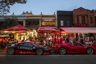 Ferraris parked outside the La Spaghettata restaurant on Lygon Street, Carlton where many watched the Formula One.
