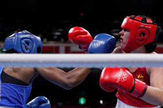 Caitlin Parker (red) of Australia exchanges punches with Atheyna Bylon of Panama during the Womenâ€™s Middle (69-75kg) on day five of the Tokyo 2020 Olympic Games.