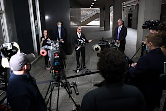 No lockdowns, yet: Acting Premier James Merlino with Health Mnister Martin Foley and Chief Medical Officer Brett Sutton today.