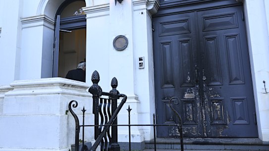 The scorched door of the East Melbourne Synagogue after it was set alight on Friday evening.