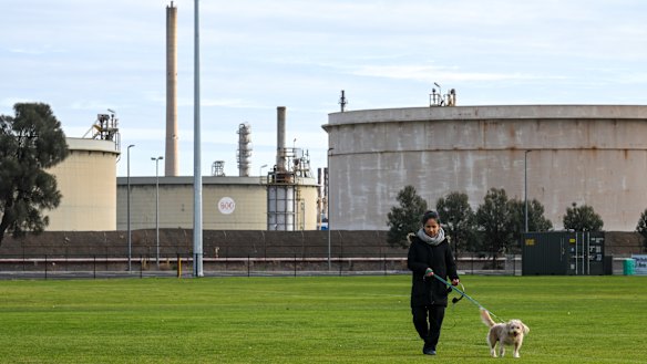 ExxonMobil’s fuel tank facility - also known as the South Crude Tank Farm - which neighbours Techno Park Drive, viewed from a sporting field.