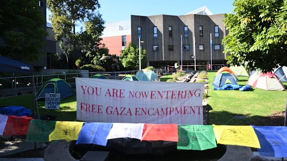Tents set up at Deakin University’s Burwood campus as part of a pro- Palestinian protest in May 2024.