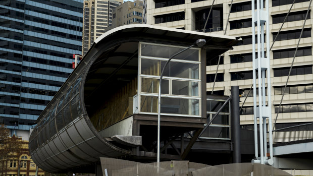 A former monorail station lies dormant at the eastern end of the Pyrmont Bridge.