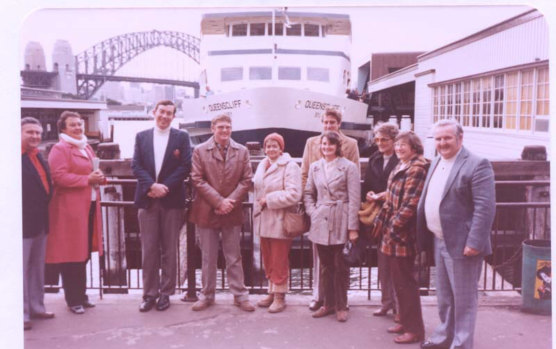 Val Dolly (fourth from the right) and other members of the Queenscliff SLC at Circular Quay after the first voyage of the Queenscliff in 1983.