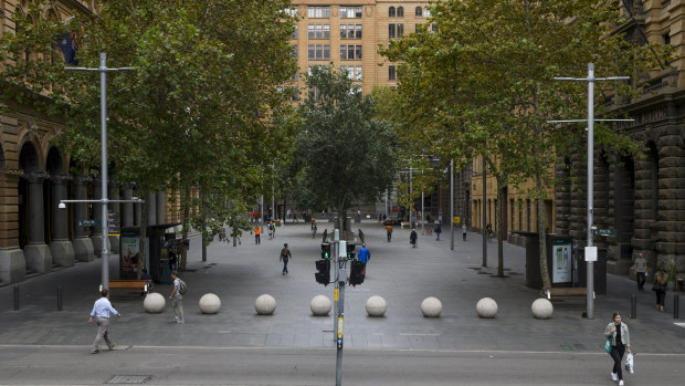 The finance hub of Sydney's Martin Place is quiet due to the coronavirus lockdown. 