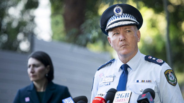 NSW Police Commissioner Mick Fuller and Premier Gladys Berejiklian at a press conference on Friday April 24.