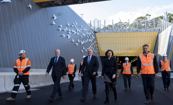 Prime Minister Scott Morrison, Deputy Prime Minister Michael McCormack NSW Premier Gladys Berejiklian and NSW Transport minister Andrew Constance inspect NorthConnex in June.