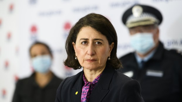NSW Premier Gladys Berejiklian announcing a record number of daily coronavirus cases at today’s press conference in Sydney. 
