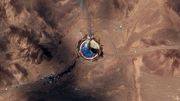 This satellite image from Maxar Technologies shows a fire at a rocket launch pad at the Imam Khomeini Space Centre in Iran's Semnan province.