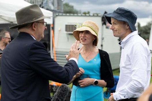 Prime Minister Anthony Albanese speaks with 2024 Australians of the Year, Professor Georgina Long and Professor Richard Scolyer in Canberra on Australia Day.