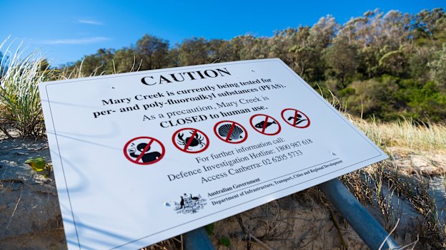 A sign warning of PFAS testing at Wreck Bay.