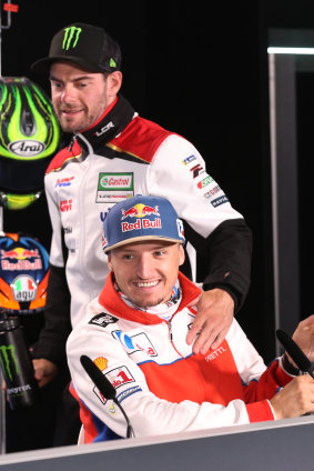 Cal Crutchlow (standing) has become a mentor to Australian Jack Miller.