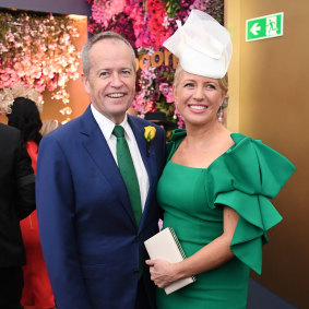 Opposition Leader Bill Shorten and his wife Chloe at the Tabcorp marquee.