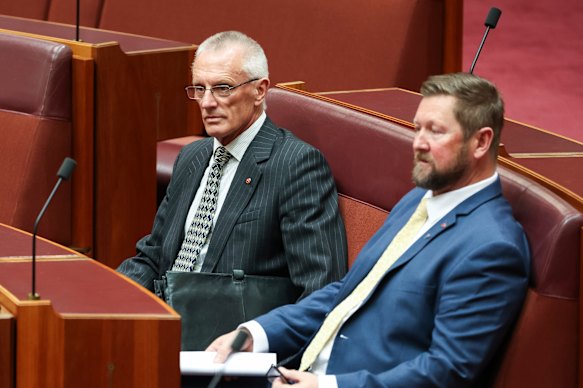 New One Nation senators Warwick Stacey (left) alongside Tyron Whitten, during the first sitting of parliament following their election. 