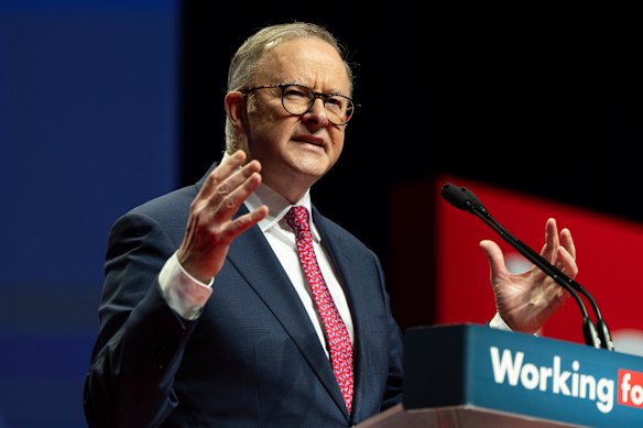 Prime Minister Anthony Albanese addressing the national Labor conference in 2023.