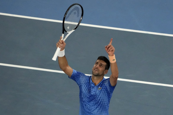 Familiar sight: Novak Djokovic defeats Stefanos Tsitsipas in the Australian Open final.
