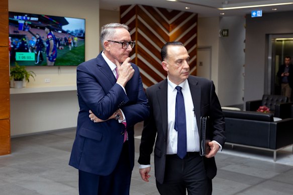 Foxtel boss Patrick Delany with Australian Rugby League Commission chairman Peter V’landys.