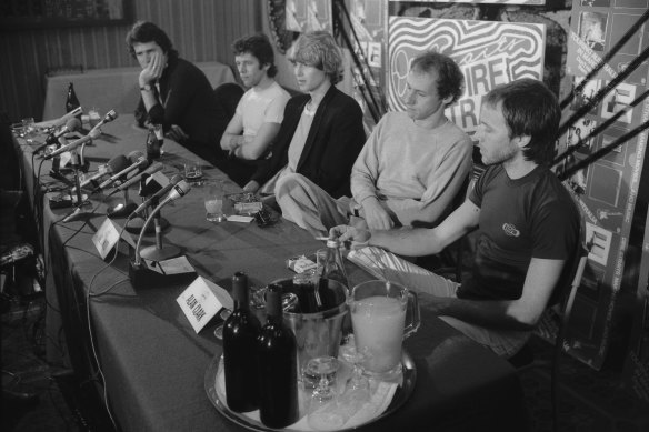 “You are not in physical danger.” Dire Straits during their press conference at the Sebel Town House in Kings Cross, Sydney on  April 6, 1981.
