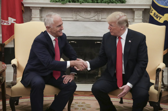 Malcolm Turnbull with Donald Trump in the Oval Office in 2018.