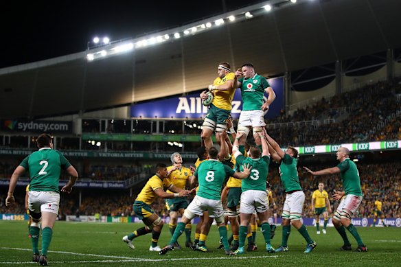 James Ryan competes in a lineout during the third Test between the Wallabies and Ireland.