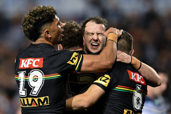 Dylan Edwards celebrates during the Panthers’ big win over North Queensland, which secured a third minor premiership in four seasons.