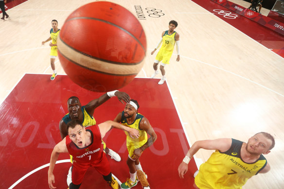 The Boomers wait for a rebound against Germany.