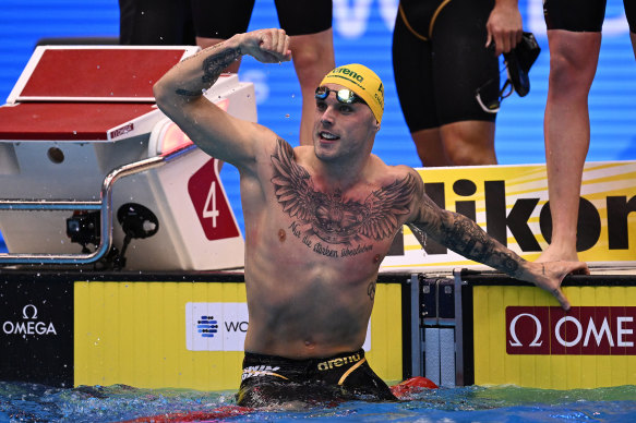 Kyle Chalmers jumps on the lane rope after Australia’s brilliant men’s 4x100m freestyle relay win. 