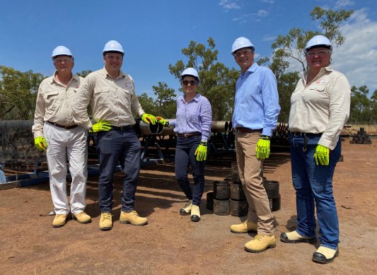 Empire Energy’s gas fields in the Beetaloo basin. Empire Energy chairman Paul Espie, chief executive Alex Underwood, NT Opposition Leader Lia Finochiarro, federal Energy Minister Angus Taylor and Senator Sam McMahon. 