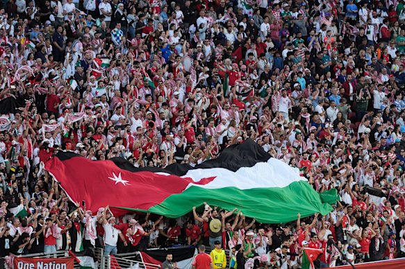 A large Jordanian flag is seen during the match in Santa Clara.