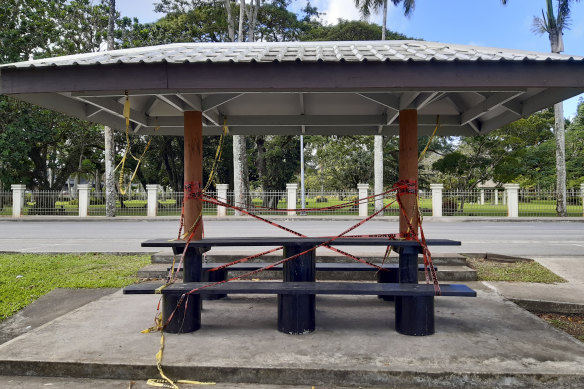 A picnic spot in front of the Prime Minister’s residence is closed off to the public during the COVID-19 pandemic in Suva, Fiji.