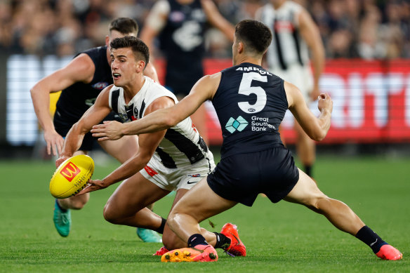 Nick Daicos kicked the winning goal in the Magpies’ win over the Blues. 