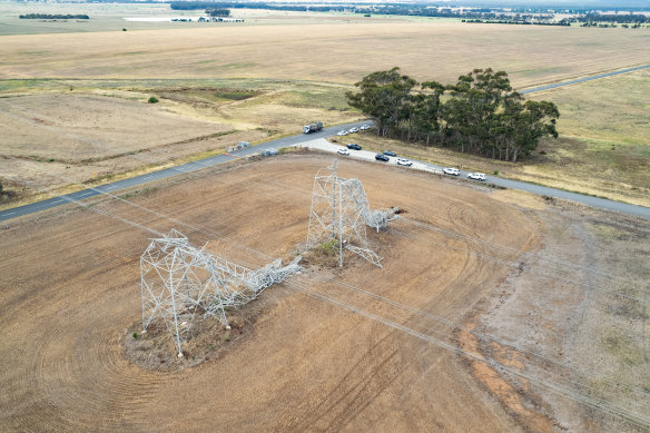 Power lines came down in the You Yangs, south-west of Melbourne, during windy and stormy weather in February.