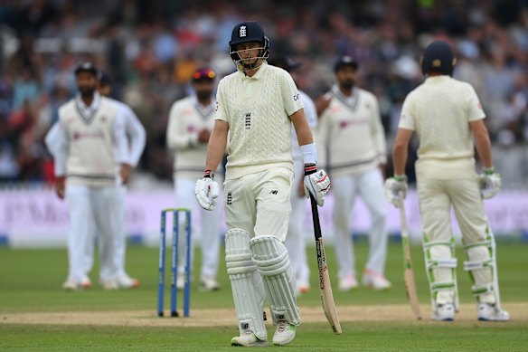 England captain Joe Root makes his way back to the pavilion after being dismissed in the second Test.