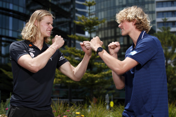 Family rivalry: Tom and Sam De Koning shape up after Sam was drafted by the Cats in 2019.
