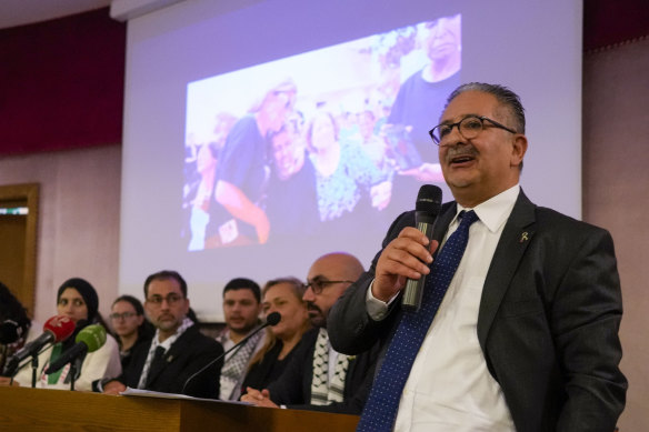 Palestinian ambassador to the Holy See Issa Kassissieh speaks during a press conference at The Vatican with family members of Palestinians living in Gaza after they met Pope Francis.