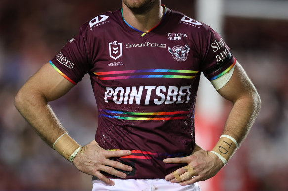 Manly’s controversial ‘Everyone in League’ jersey.