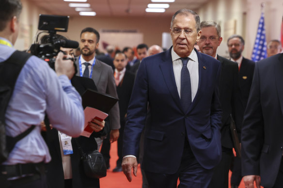 Russian Foreign Minister Sergey Lavrov walks on the sideline of G20 foreign minister’s meeting in New Delhi.