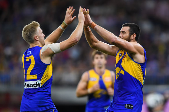 Oscar Allen and Josh Kennedy celebrate.