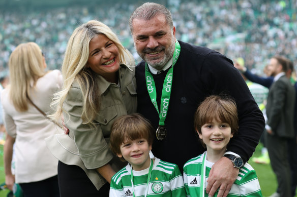 Postecoglou with his wife Georgia and kids Max and Alexi.